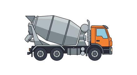 Flat style vector illustration of a concrete cement mixer truck, heavy industrial construction machinery vehicle isolated on a white background