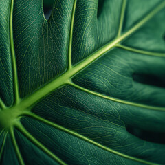 macro photo of a large green monstera leaf 