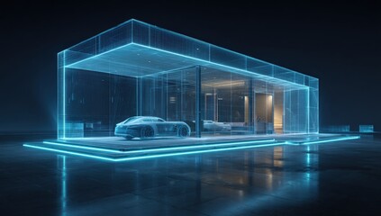 Futuristic, transparent house with car