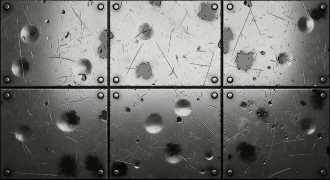 Metal panels riveted together display wear with scratches dents and dark stains on their surface
