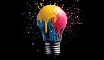 Colorful lightbulb exploding with vibrant paint splashes