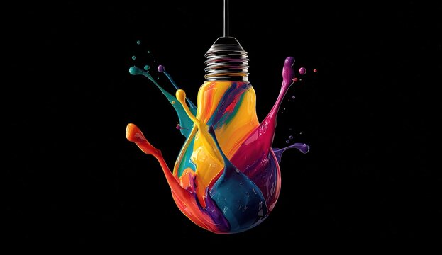Colorful paint splatters on a lightbulb against a black background - Powered by Adobe