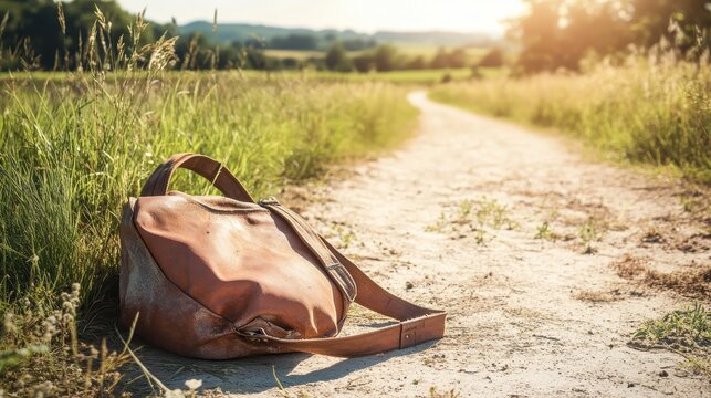 Leather satchel sitting on a dirt path in the bright sunlight
