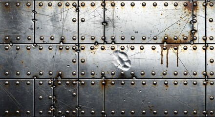 Metal plates with rivets show wear scratches a dent and rust stains
