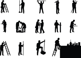 Obraz premium Construction worker silhouettes performing various tasks on site, urban labor teamwork, industrial tools, scaffolding, safety gear, and manual effort