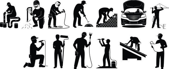 Construction and Maintenance Workers Silhouettes Performing Manual Labor, Skilled Trades, Industrial Tasks, Repair, Painting, Welding, Drilling, Building, Engineering, Planning