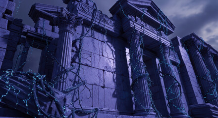 Ancient stone ruins with crumbling columns and weathered facade under dramatic twilight sky