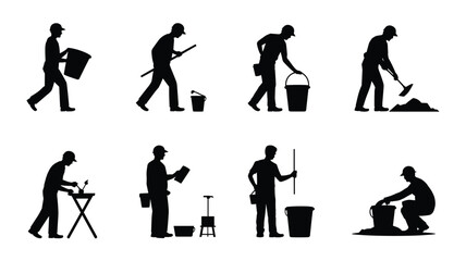 Fototapeta premium Construction workers silhouettes performing various tasks with tools, equipment, and materials for industrial, labor, building, and maintenance vector illustration