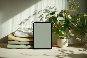 Digital tablet on a wooden surface with plants and clothes. Sunlight casts shadows
