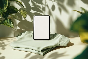 Light green tablet on pastel clothes, plant shadows