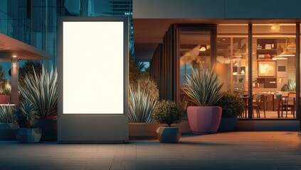 Blank digital billboard outside a restaurant at night