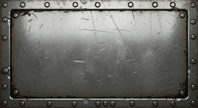 Scratched metal sheet framed with rivets and inner border