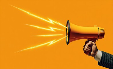 Hand holding a bright orange megaphone with stylized lightning bolts radiating outwards against a vibrant orange background