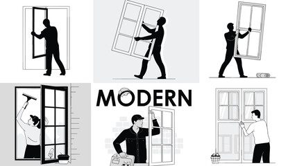 Vector illustrations of workers installing, cleaning, and inspecting modern windows for home improvement, construction, and maintenance service concepts