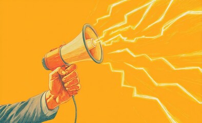 Hand holding a megaphone with radiating energy