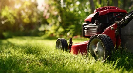 Red lawn mower in a lush garden