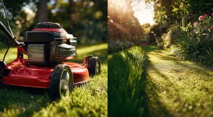 Garden mower on vibrant green lawn