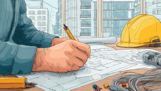 Architect reviewing blueprints in a modern office