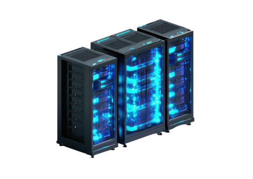 Servers glow blue, arranged on a dark surface