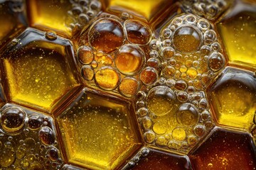 Honeycomb cells filled with golden liquid and bubbles