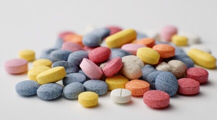 Colorful pills piled high on a white surface (1)