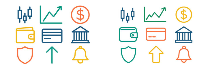 Financial symbols and icons representing banking, investment, and economic growth trends in a modern style