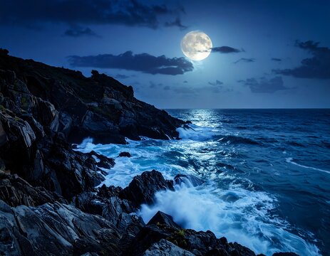 Scenic moonlit coastal view with crashing waves under a starry sky - Powered by Adobe