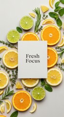 Fresh citrus fruits arranged with herbs around a white paper