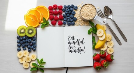Healthy breakfast spread with fruit and an open notebook