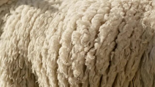 Extreme Close Up of Sheep Wool Texture in Sunlight Detailed Macro Shot Depicts Soft Fluffy Fibers with Natural Patterns Ideal for Textile and Fashion Industries and Organic Product Campaigns