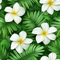 Tropical white flowers surrounded by lush green leaves, vibrant and lively.