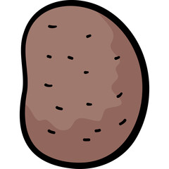 A simple brown potato illustration with black outlines and small dark spots on a transparent background representing a fresh root vegetable in a flat style