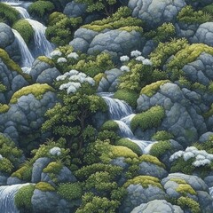 Lush green vegetation and cascading waterfalls over rocky terrain.
