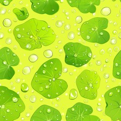 Green lily pads with water droplets on a bright yellow background.