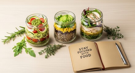 Healthy Jar Salads with Vegetables and Chicken Next to a Notebook