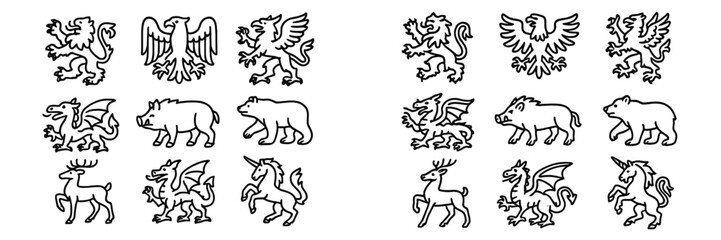 Collection of various heraldic symbols featuring mythical and real animals in a black and white design