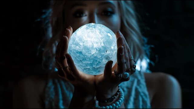 Mysterious Glowing Crystal Orb Held by Hands, Radiating Magic Energy in Darkness