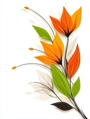 Colorful abstract floral design with orange and green leaves on a white background.