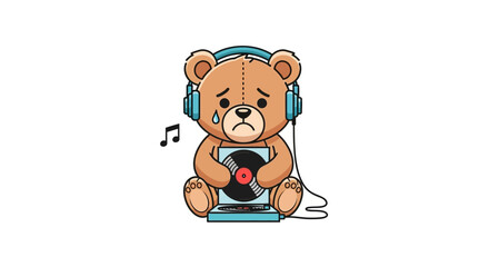 Illustration of a sad teddy bear with headphones listening to music on a record player
