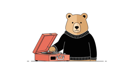 Cartoon bear spinning vinyl record with classic turntable in cozy setting illustration