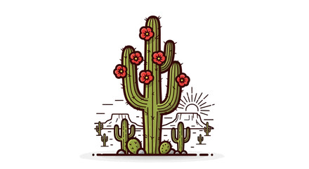 Stylized desert landscape showcasing a blooming saguaro cactus with sunshine elements