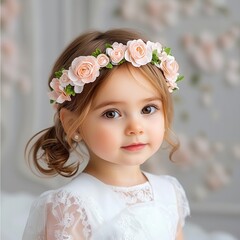 Adorable girl with floral headband, soft lighting, charming expression.