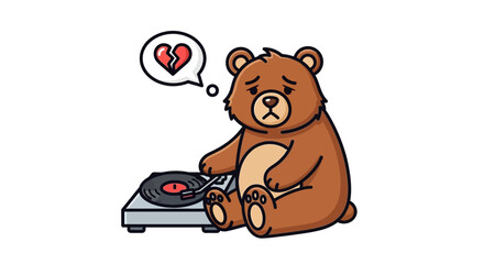 Heartbroken bear listening sad records, a cartoon illustration expressing sentimental feelings in