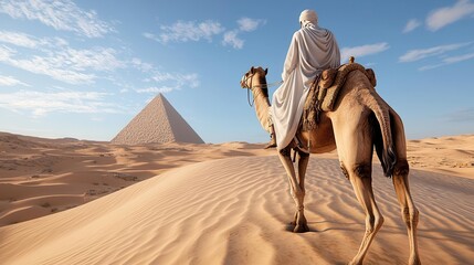 A traveler on a camel in the desert with the Great Pyramid in the background.
