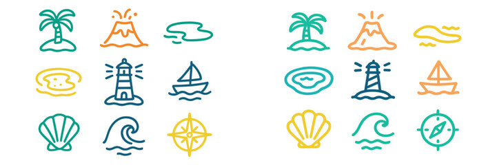Tropical beach icons with palm trees, lighthouses, and ocean waves showcasing beach activities and scenery