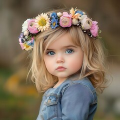 Child with flower crown gazing at the camera, soft background focus.