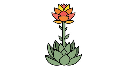 Stylized botanical illustration of a succulent plant with vibrant flower bloom artwork