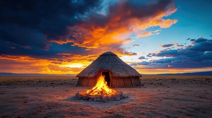 A traditional hut with a fire against a vibrant sunset and dramatic clouds.