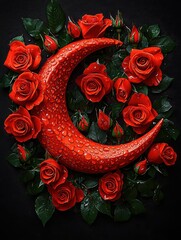 Red roses and a crescent moon with raindrops, dark backdrop enhancing beauty.