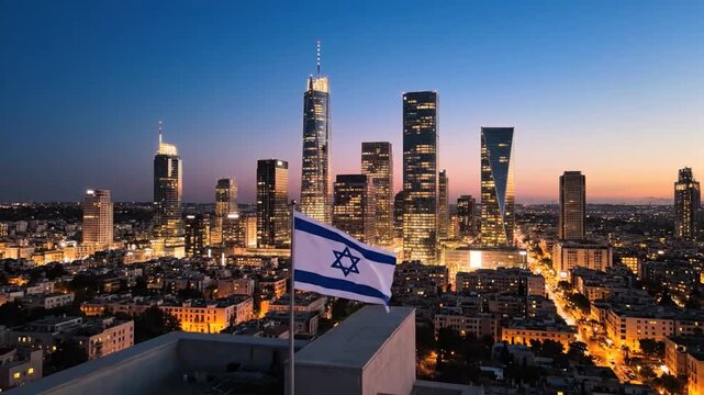 A blue and white flag with a Star of David flies over a modern city skyline at dusk. Tall buildings glow with golden lights.